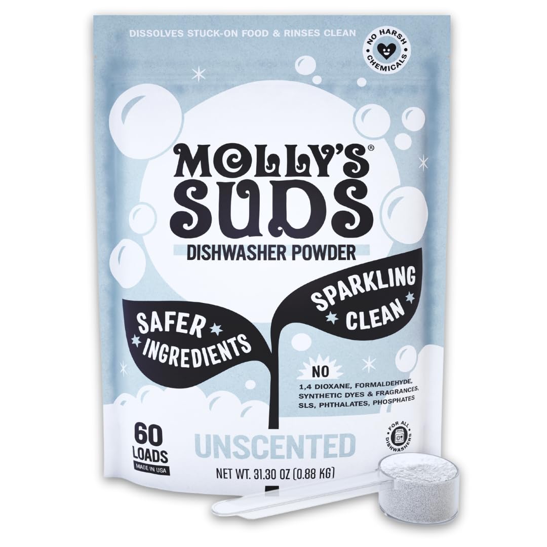 Molly's Suds Dishwasher Pods | Clean Dishwasher Detergent, Cuts Grease & Rinses Clean (Residue-Free) for Sparkling Dishes | 60 Auto-Release Tabs (Unscented)