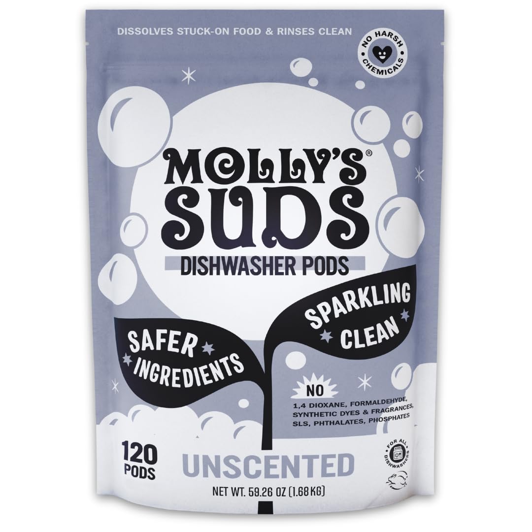 Molly's Suds Dishwasher Pods | Clean Dishwasher Detergent, Cuts Grease & Rinses Clean (Residue-Free) for Sparkling Dishes | 60 Auto-Release Tabs (Unscented)
