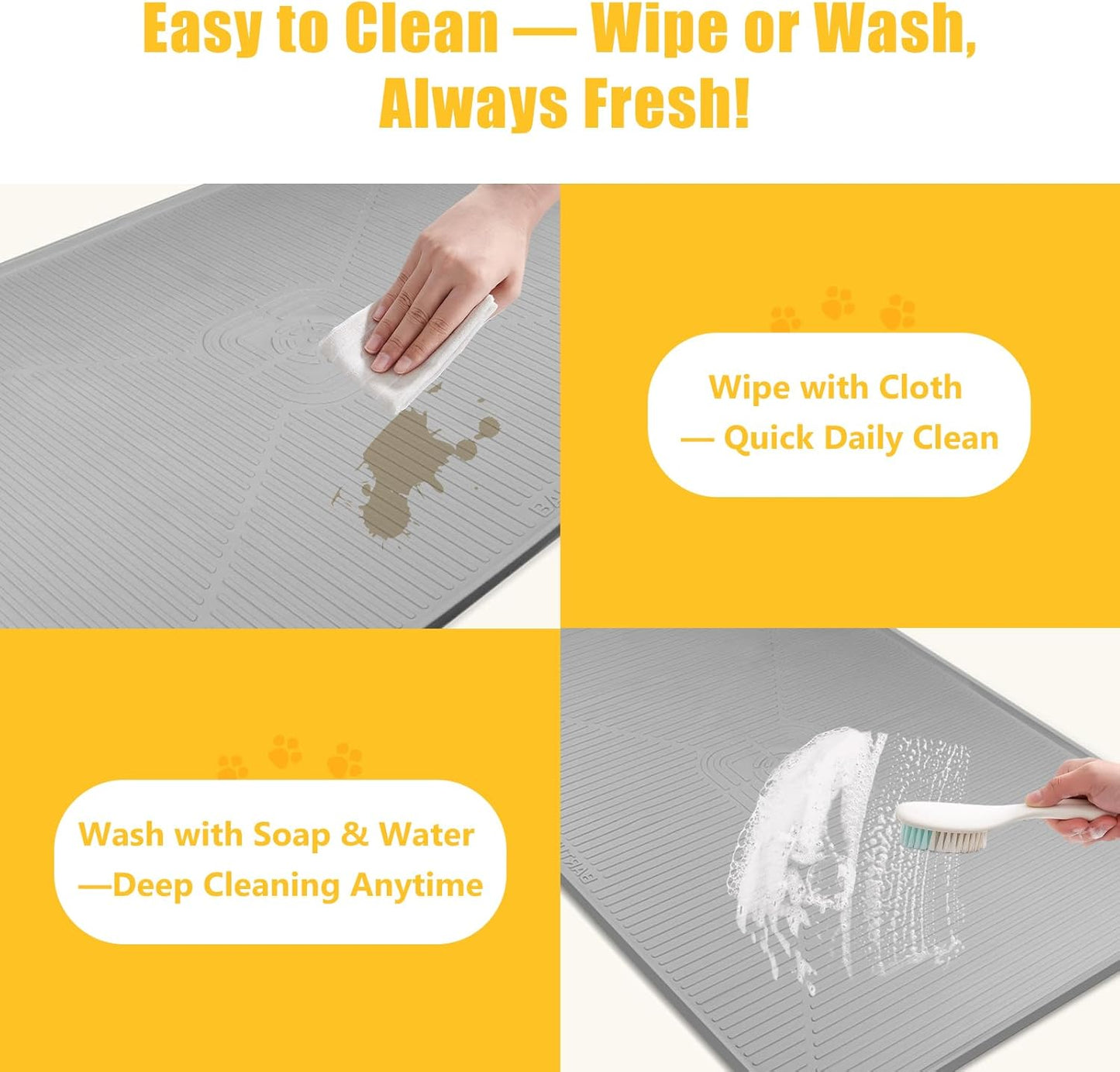 Lorvain 45" x 30" Cat Food Mat, Extra Large Silicone Pet Feeding Mat with Raised Edges, Pet Placemat for Cat Dog Food and Water Bowl Waterproof, Non-Slip, Easy to Clean, Floor Protection, Grey