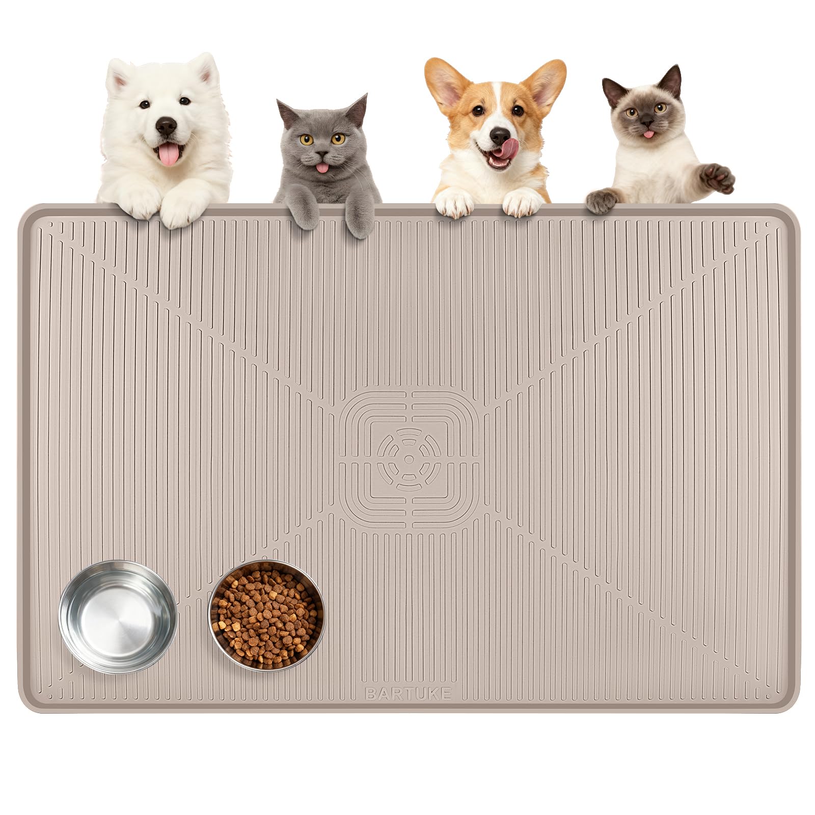 Lorvain 45" x 30" Cat Food Mat, Extra Large Silicone Pet Feeding Mat with Raised Edges, Pet Placemat for Cat Dog Food and Water Bowl Waterproof, Non-Slip, Easy to Clean, Floor Protection, Grey