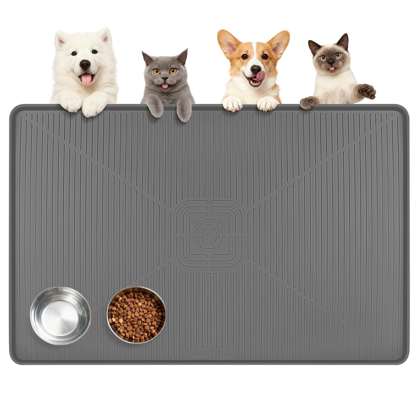Lorvain 45" x 30" Cat Food Mat, Extra Large Silicone Pet Feeding Mat with Raised Edges, Pet Placemat for Cat Dog Food and Water Bowl Waterproof, Non-Slip, Easy to Clean, Floor Protection, Grey