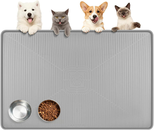 Lorvain 45" x 30" Cat Food Mat, Extra Large Silicone Pet Feeding Mat with Raised Edges, Pet Placemat for Cat Dog Food and Water Bowl Waterproof, Non-Slip, Easy to Clean, Floor Protection, Grey