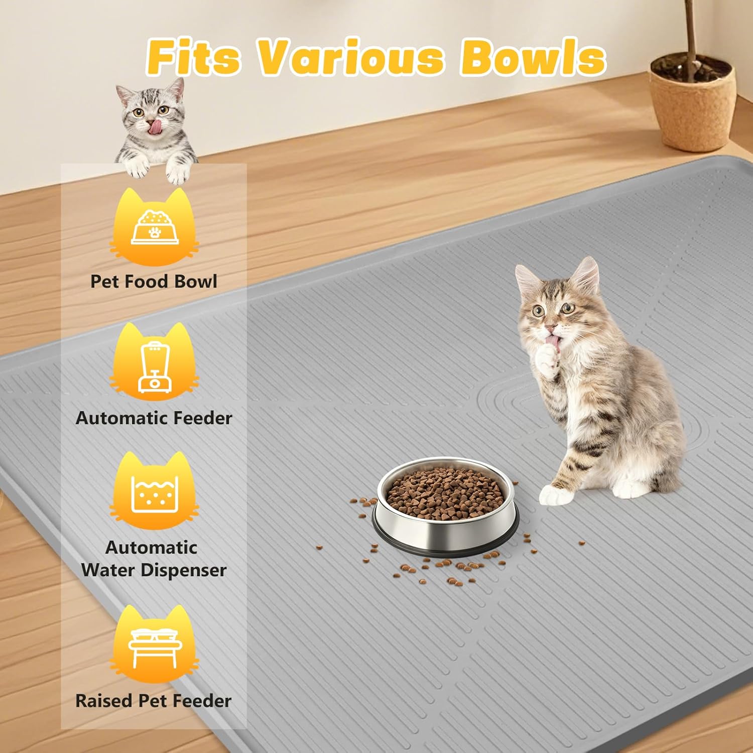 Lorvain 45" x 30" Cat Food Mat, Extra Large Silicone Pet Feeding Mat with Raised Edges, Pet Placemat for Cat Dog Food and Water Bowl Waterproof, Non-Slip, Easy to Clean, Floor Protection, Grey