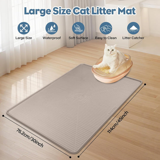Lorvain Cat Litter Mats, 45" x 30" Extra Large Silicone Cat Mat for Litter Box, Easy to Clean Kitty Litter Trapping Mat, Soft on Kitty Paws, Waterproof, Urine-Proof Kitty Litter Mats for Floor, Beige