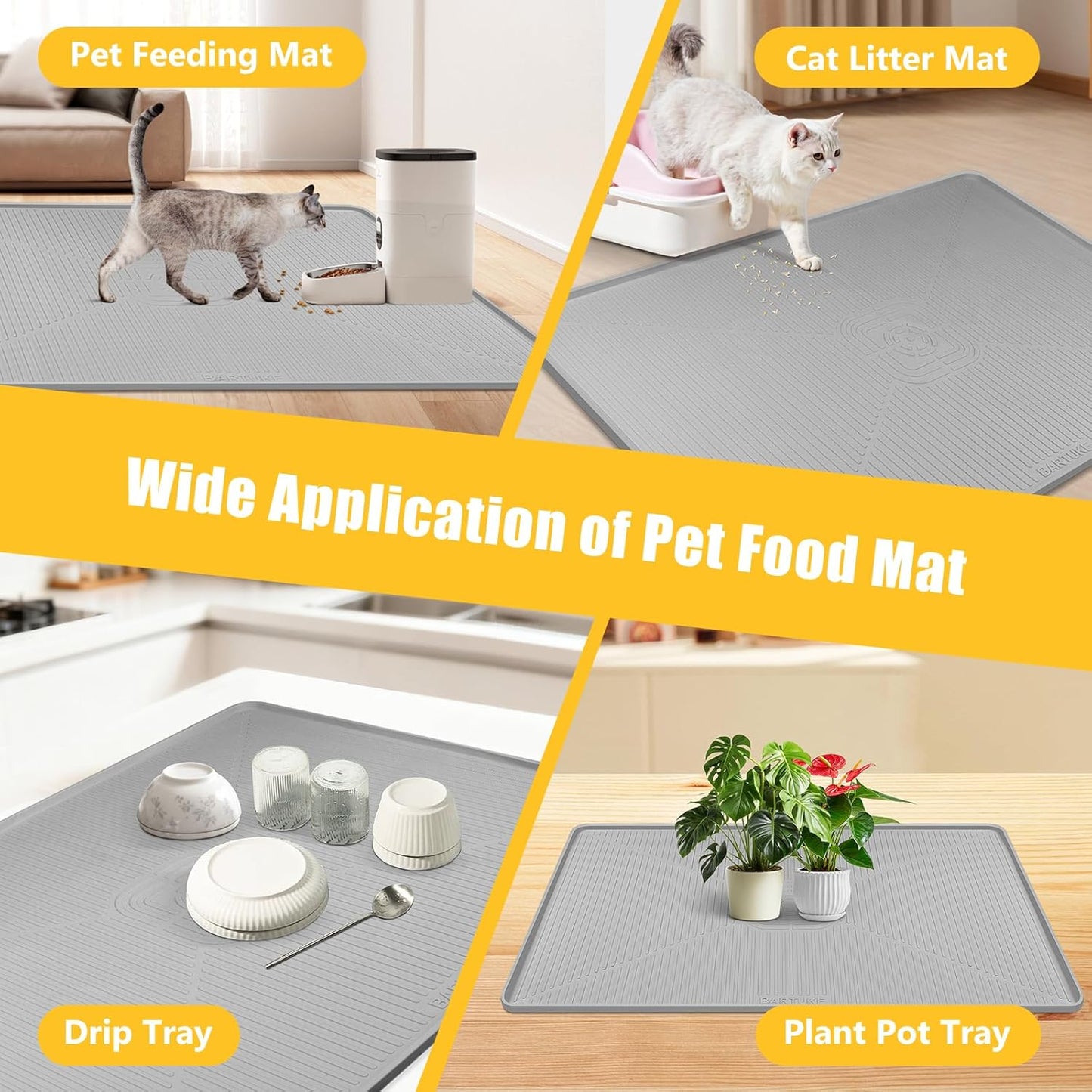 Lorvain 45" x 30" Cat Food Mat, Extra Large Silicone Pet Feeding Mat with Raised Edges, Pet Placemat for Cat Dog Food and Water Bowl Waterproof, Non-Slip, Easy to Clean, Floor Protection, Grey